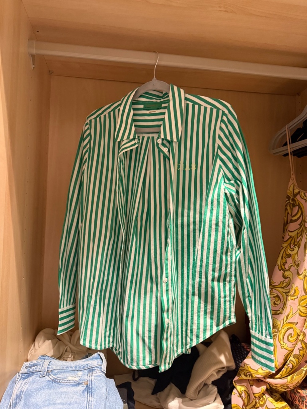 Claire V Green and White Striped Button Down Shirt - Picture 4 of 13